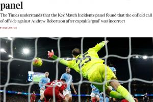 认定误判！泰晤士报：英超专家组裁定，范戴克对曼城进球应判有效